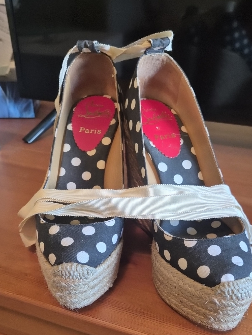 Christian Louboutin Black & White Polka Dot Espadrille Wedges